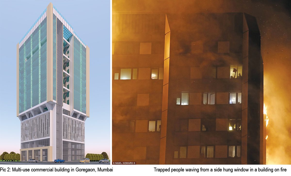 side hung windows in building on fire
