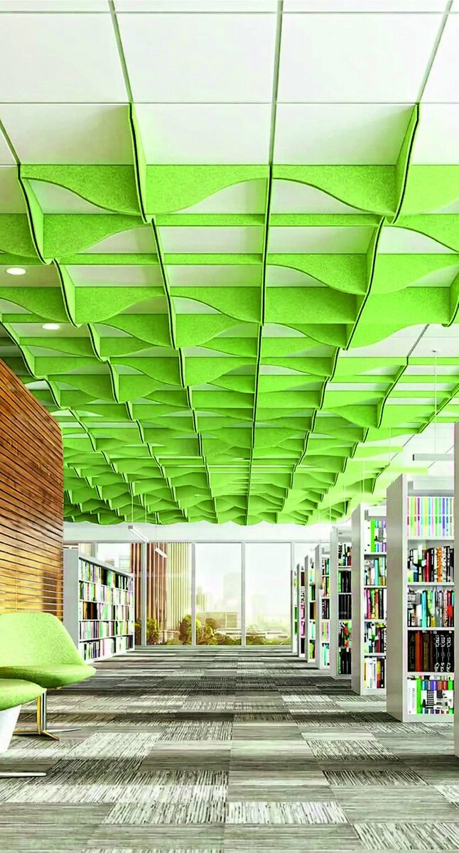 Acoustic ceiling panels integrated into interior design