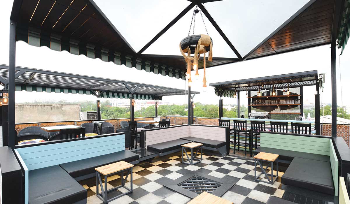 Bar area is made from recycled pipes