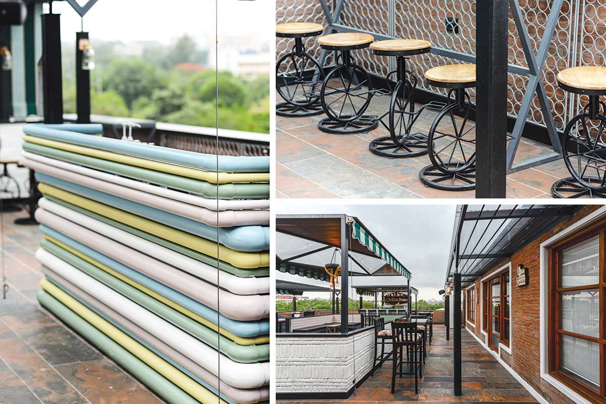 Bar area is made from recycled pipes