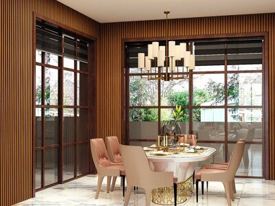Timber wall finishes and dining room interior