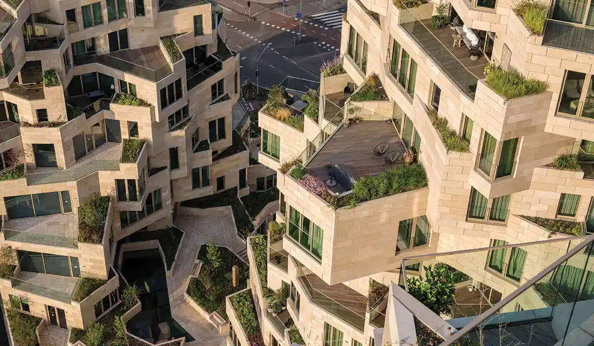 the geology-inspired, plant-covered high-rise designed by MVRDV