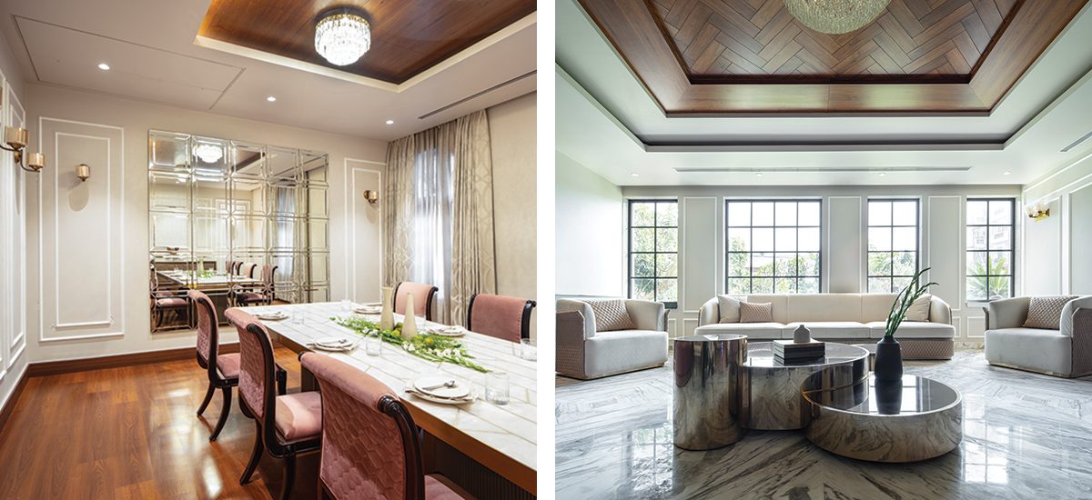 the formal living room with eye-catching Statuario marble