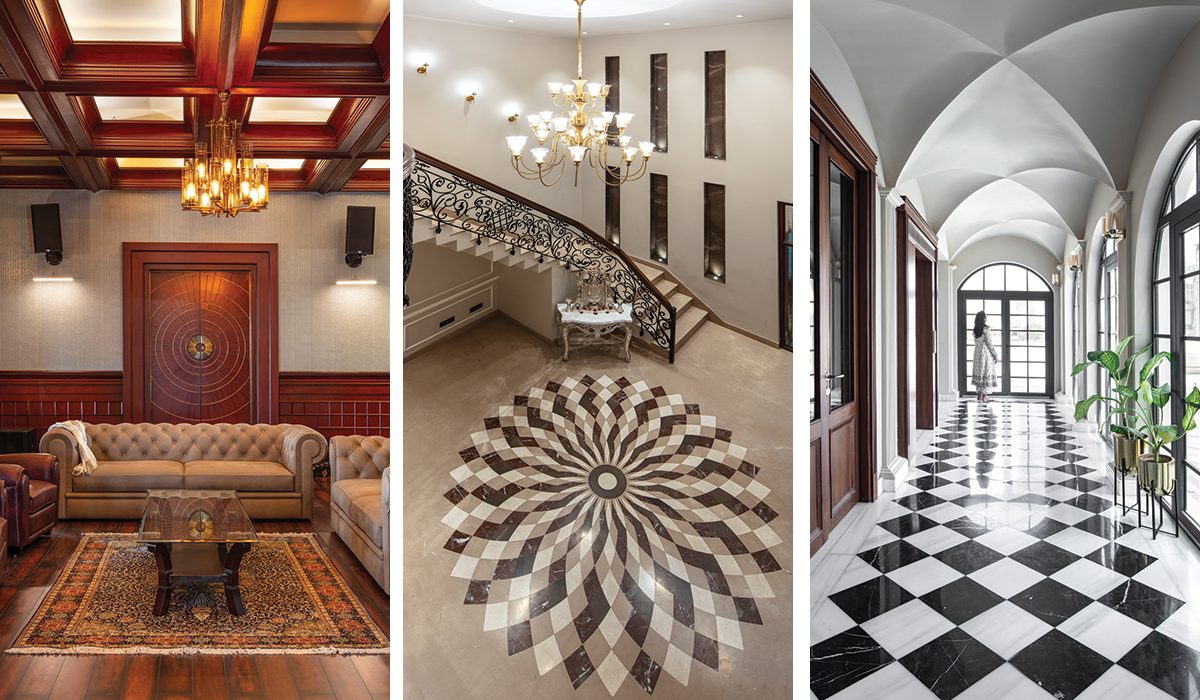 the formal living room with eye-catching Statuario marble