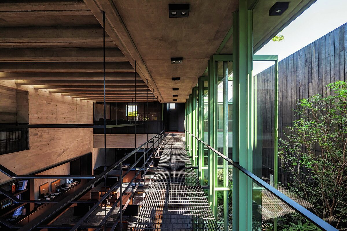 Studio interior with exposed construction materials