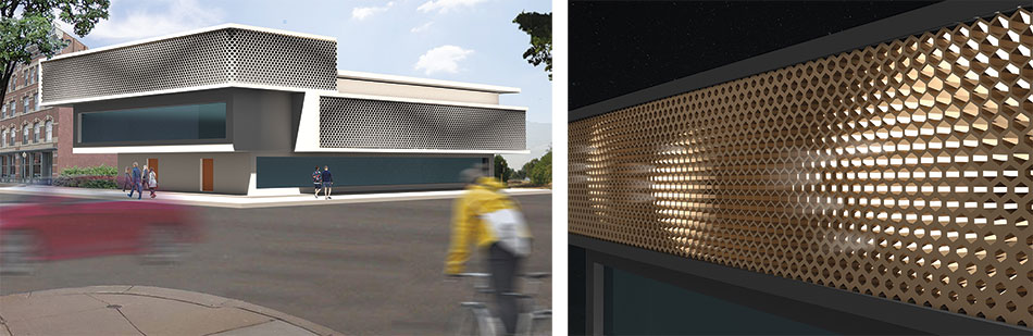 Parametric facade iteration with hexagonal perforations of different sizes based on the parameter to produce an image of waves