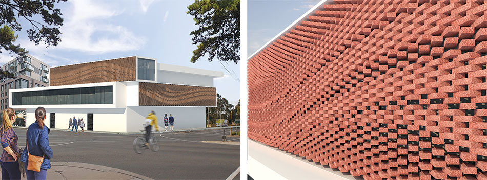 Parametric geometry expressed using differentiated rotation of bricks creating a wavy effect in facade