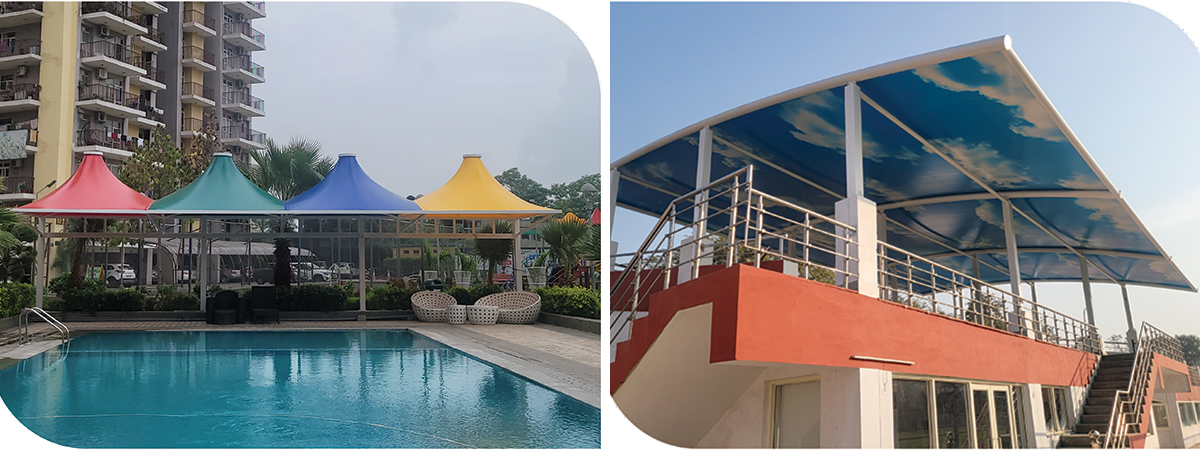 Tensile structures, roofing, and facades are visible in sport stadiums