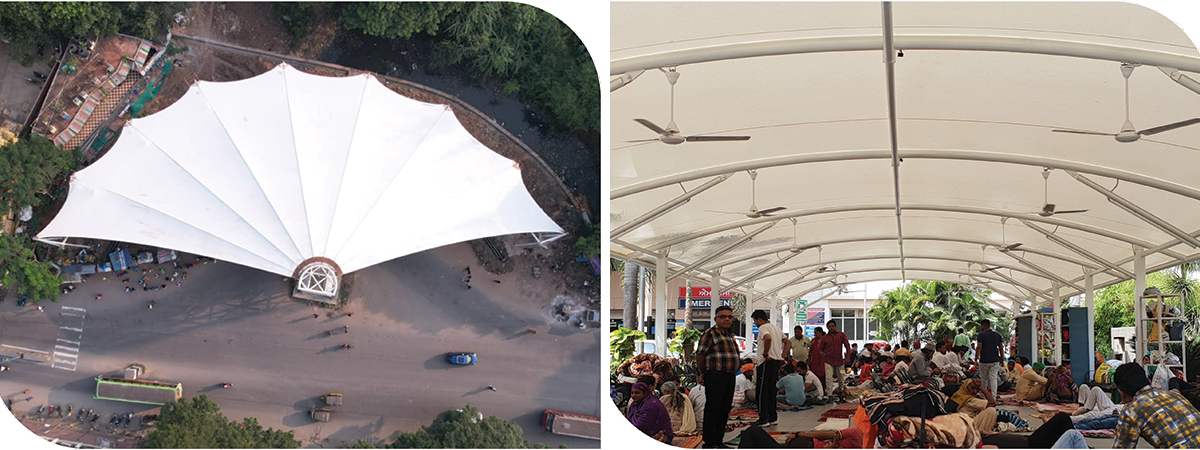 Tensile structures, roofing, and facades are visible in sport stadiums