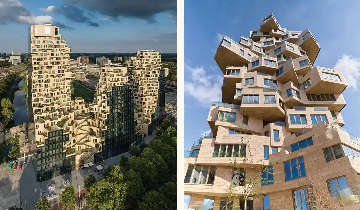 the geology-inspired, plant-covered high-rise designed by MVRDV