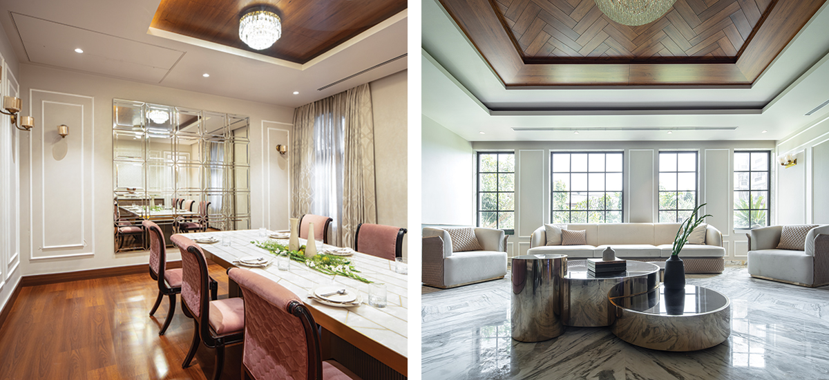 the formal living room with eye-catching Statuario marble