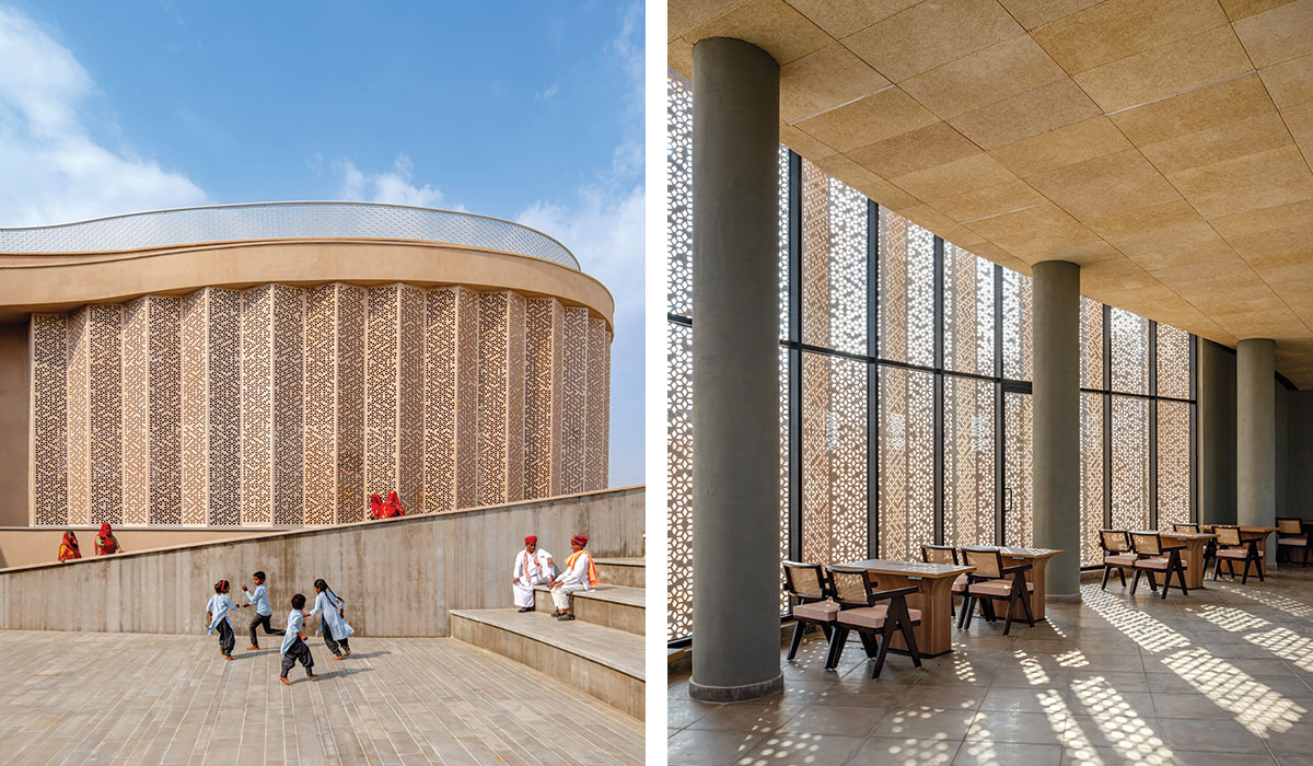 the structure’s sweeping curvilinear volume rises up